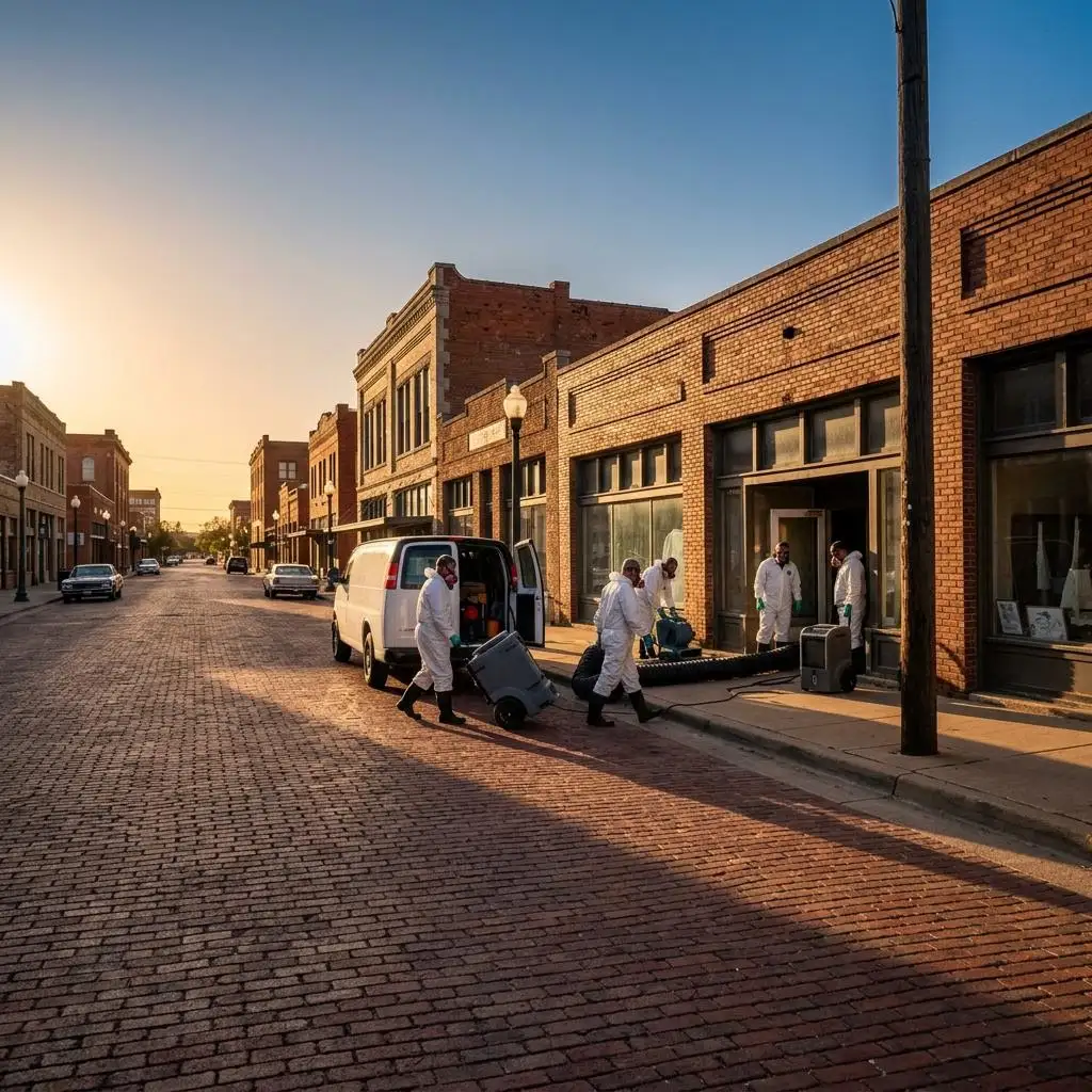 Historic brick streetscape in downtown Fort Worth, Texas at golden hour