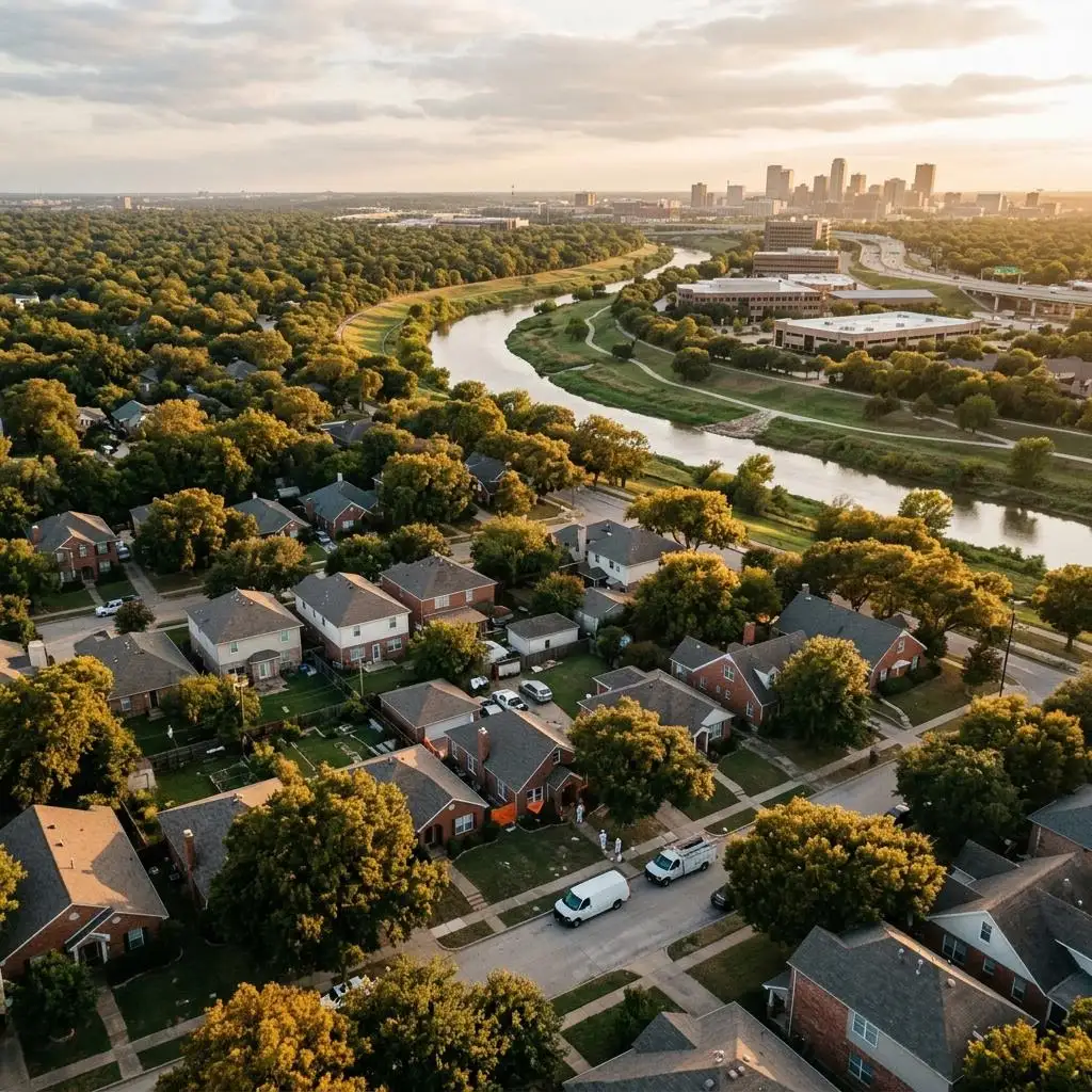 Aerial view of a tree lined Fort Worth neighborhood near the Trinity River at golden hour