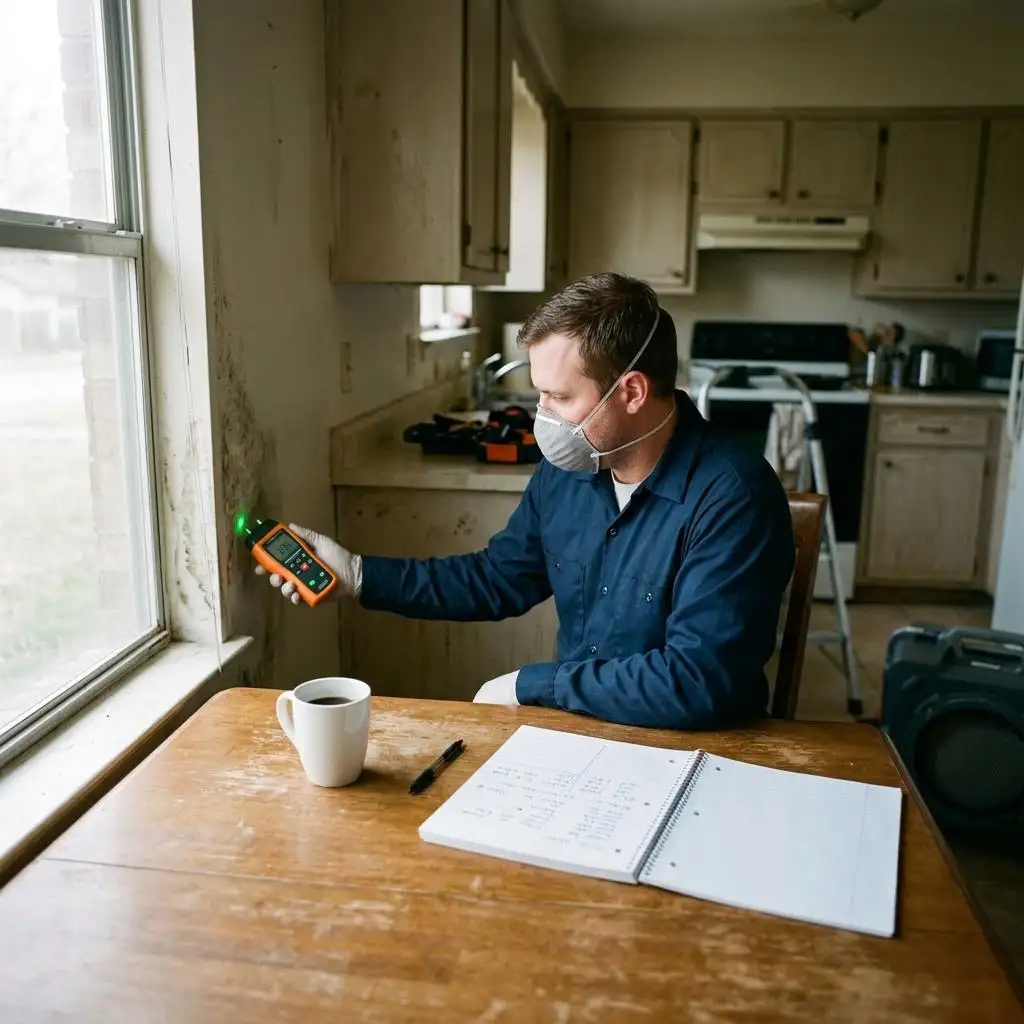Notebook, moisture meter and coffee cup on a kitchen table near a window