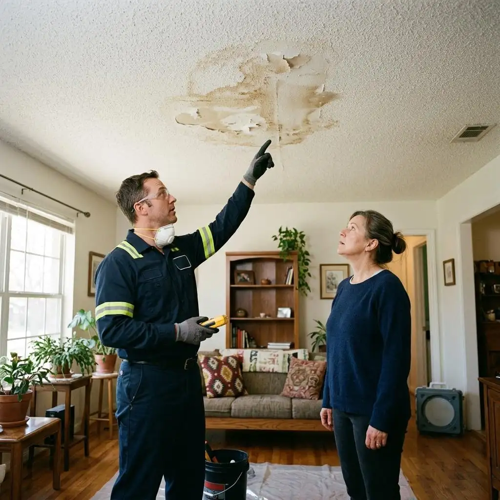 Homeowner and technician looking up at a moisture stain on a ceiling