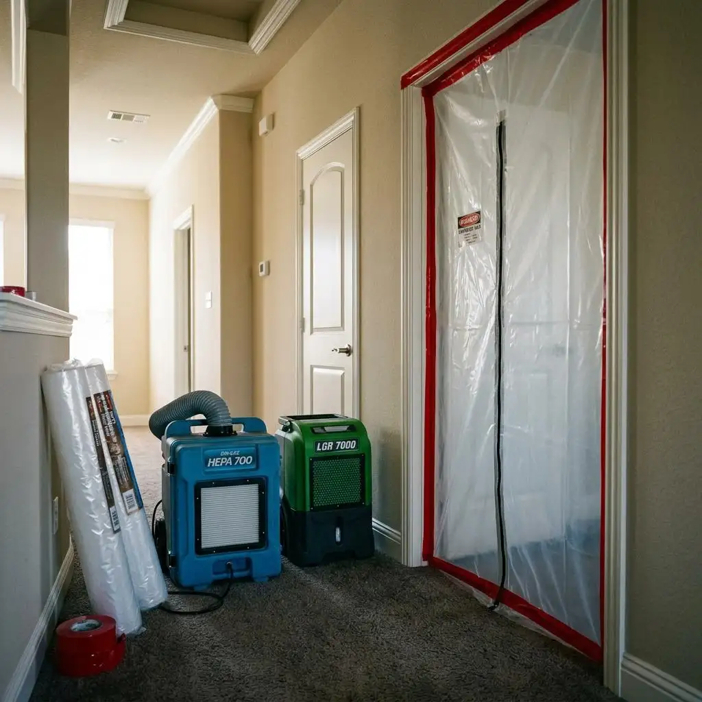 Air scrubber, dehumidifier and rolls of plastic sheeting staged in a clean home hallway