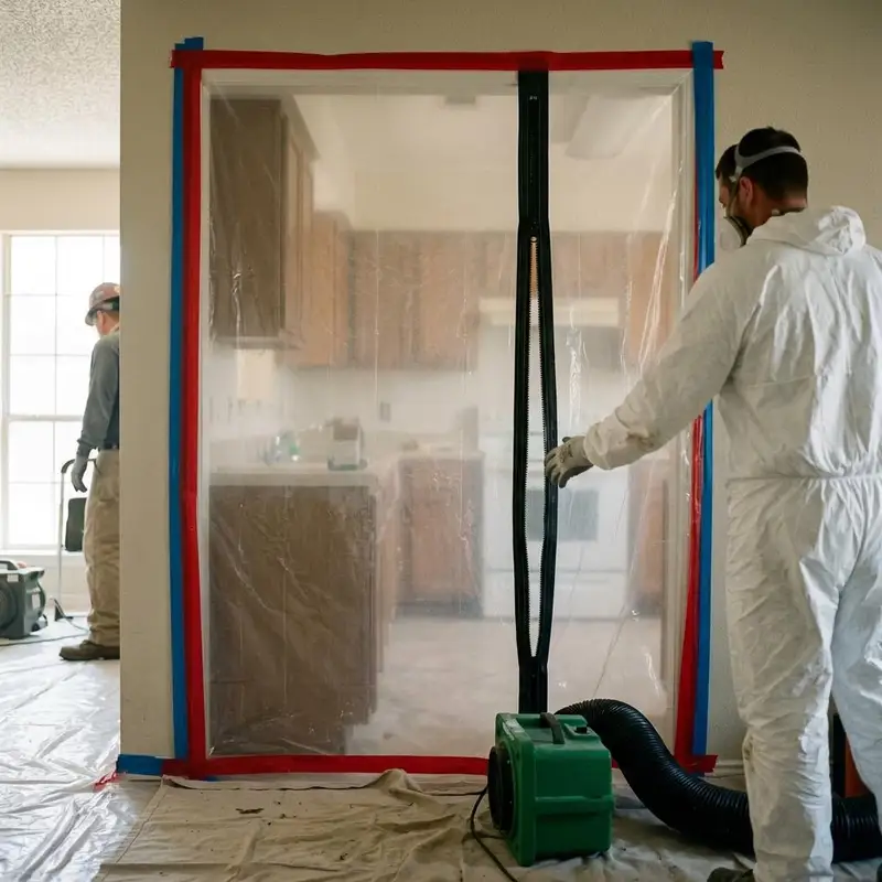 Plastic containment built around a kitchen doorway with a zipper entry