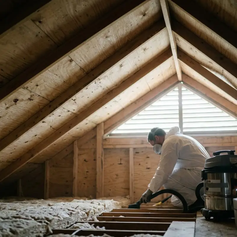 Light colored attic roof sheathing after cleaning with daylight from a vent
