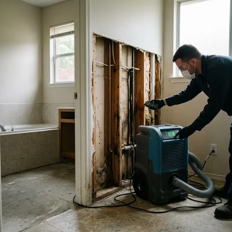 Bathroom wall opened to the studs with a dehumidifier drying the cavity