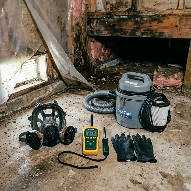 Respirator, moisture meter, HEPA vacuum and gloves laid out together
