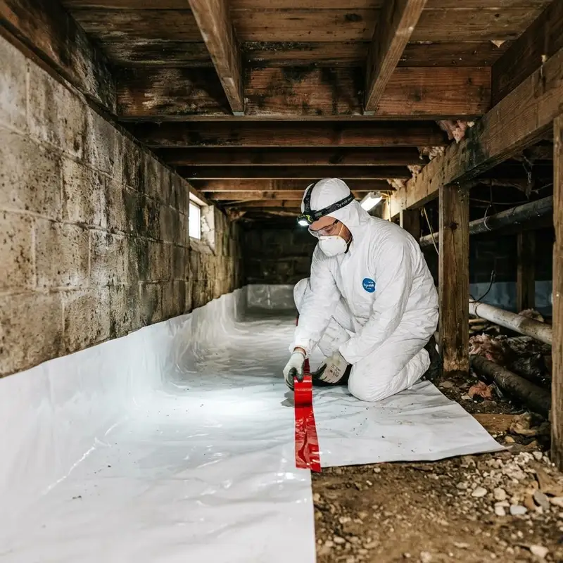 Crawl space with a new white vapor barrier covering the ground