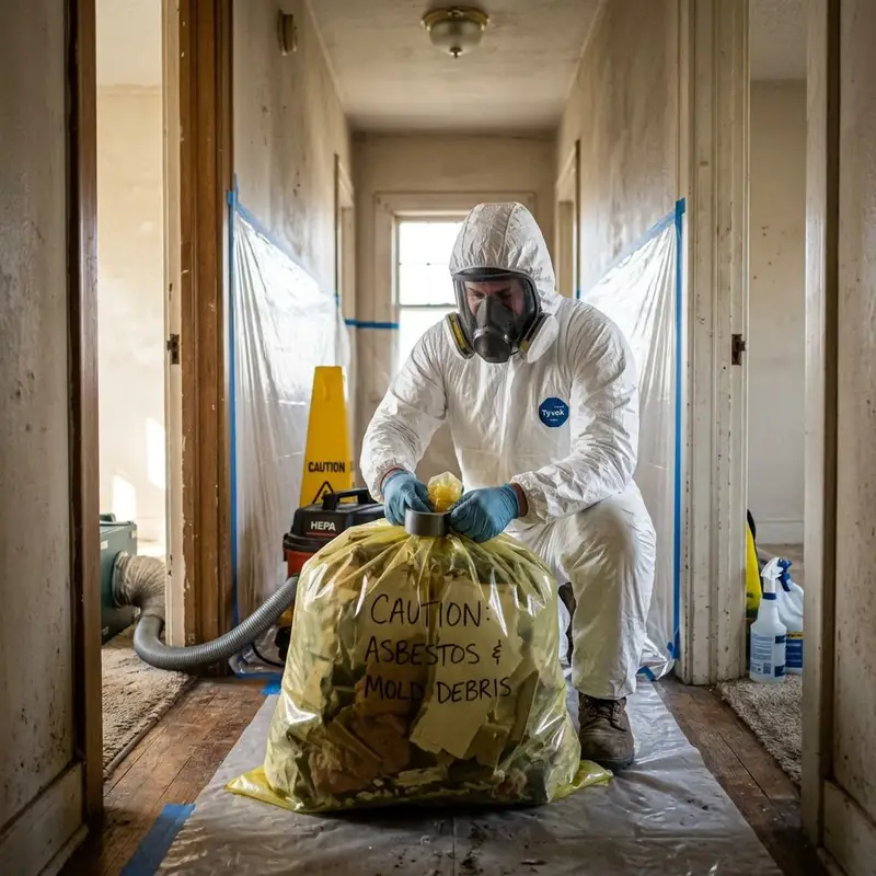 Technician sealing removal debris in heavy plastic bags in a hallway