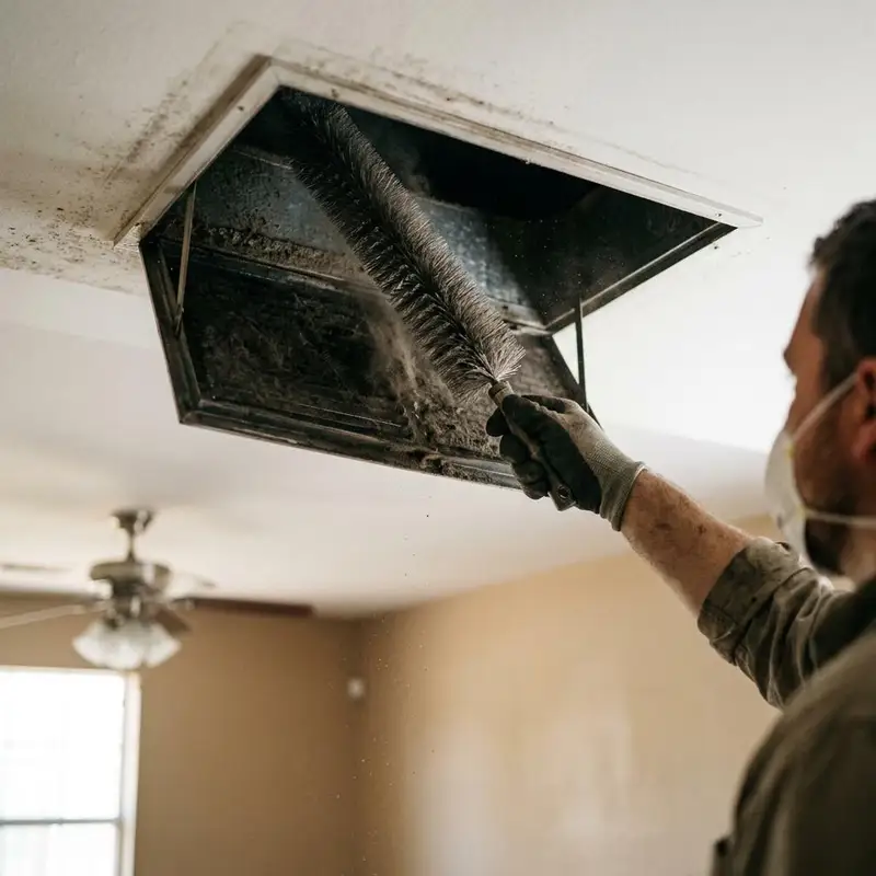 Ceiling supply register removed showing dusty duct interior with a cleaning brush entering