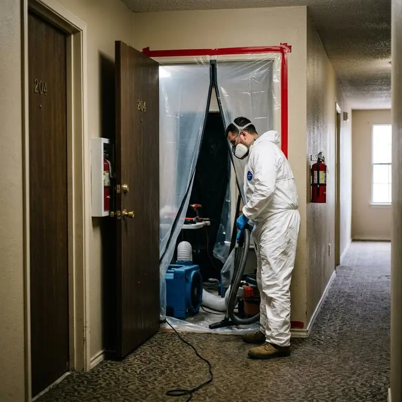 Apartment unit doorway fitted with plastic containment and a zipper entry