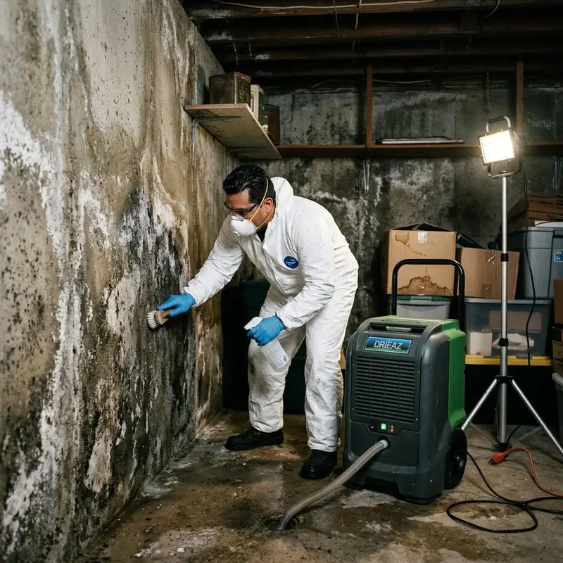 Damp concrete basement storage room with white mineral deposits and a dehumidifier running