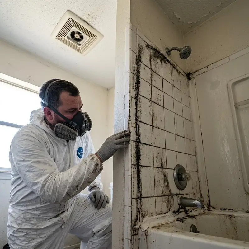 Shower corner with mold along grout and caulk lines below a ceiling exhaust fan