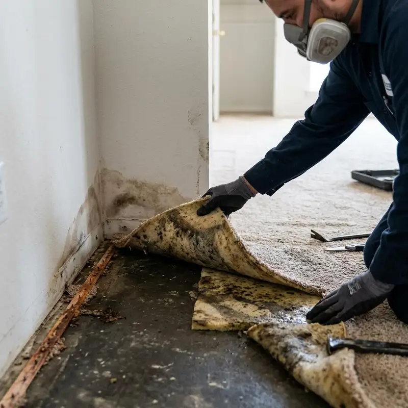 Wet carpet corner pulled back to show stained padding and tack strip on a concrete slab