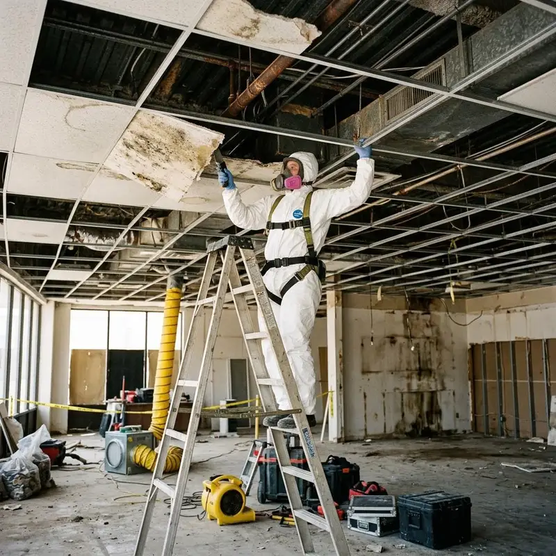 Commercial ceiling with stained tiles removed and a technician on a ladder in protective gear