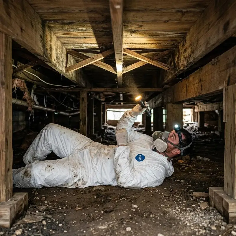 Technician lying in a pier and beam crawl space inspecting floor joists with a flashlight