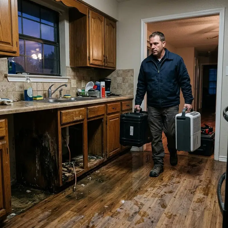 Kitchen with a burst sink supply line and pooling water as a technician arrives with equipment cases