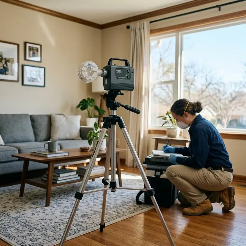 Air sampling pump on a tripod with a sample cassette in a bright living room