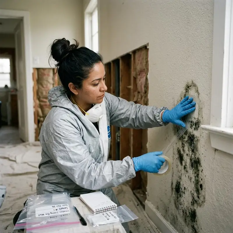 Surface tape lift sample being taken from a stained wall with sample bags and gloves nearby