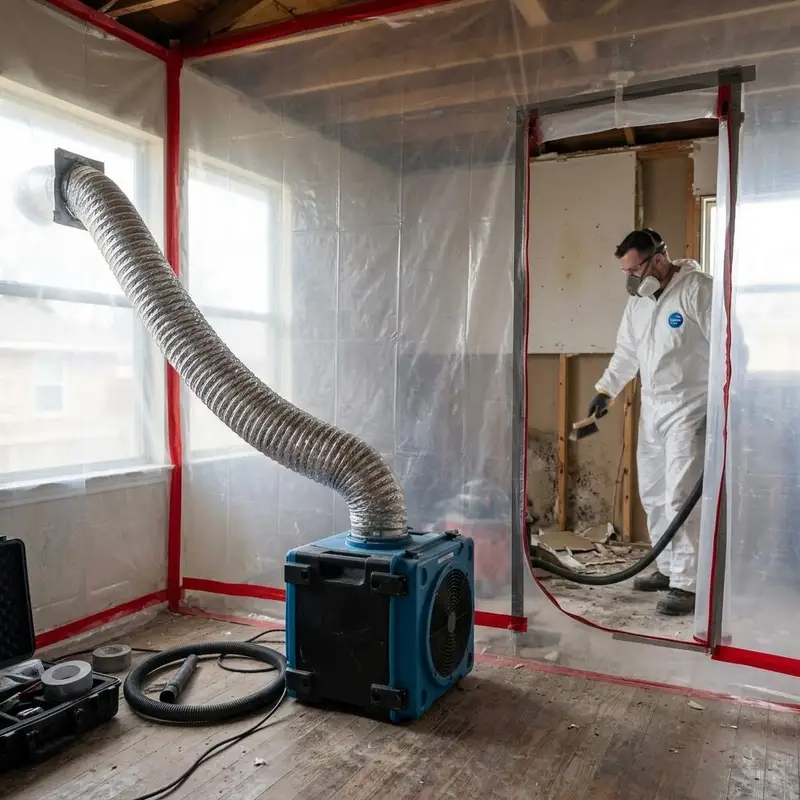 Air scrubber with flexible exhaust duct running through a plastic containment wall with a zipper door