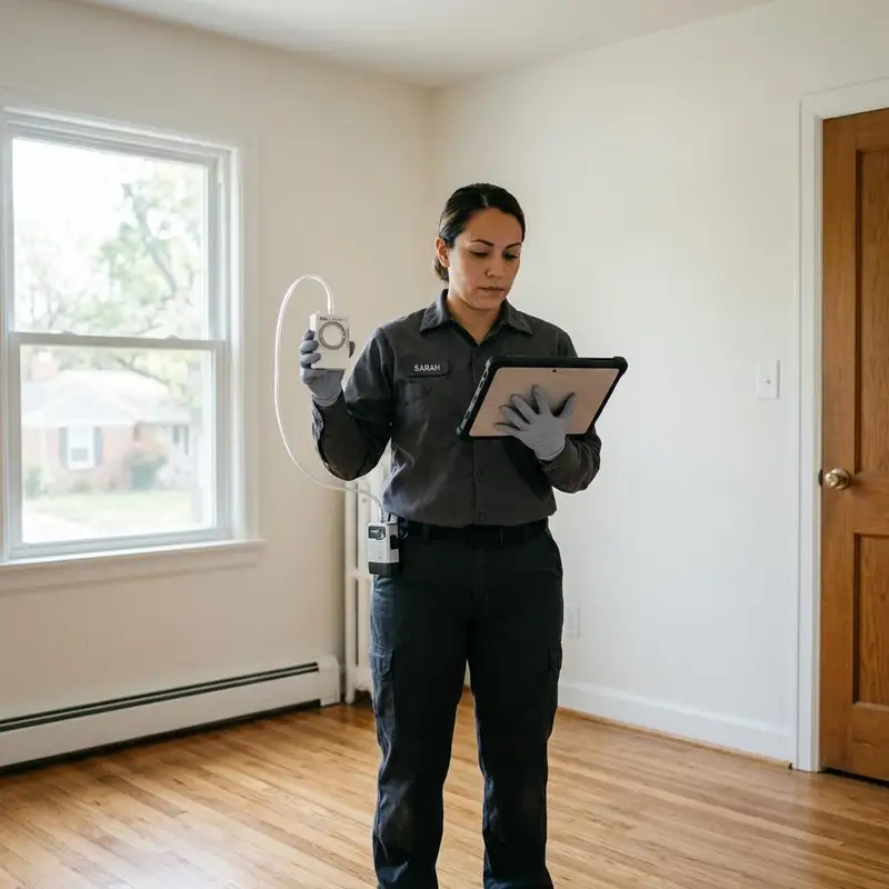 Technician holding a sampling cassette and tablet in a clean finished room after remediation