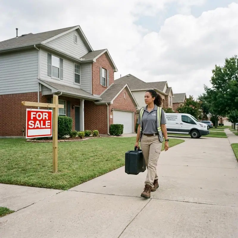 Inspector with an equipment case walking up the driveway of a home for sale