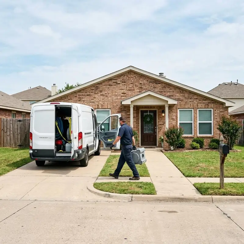 Single story brick ranch house in Texas with a technician carrying equipment to the front door