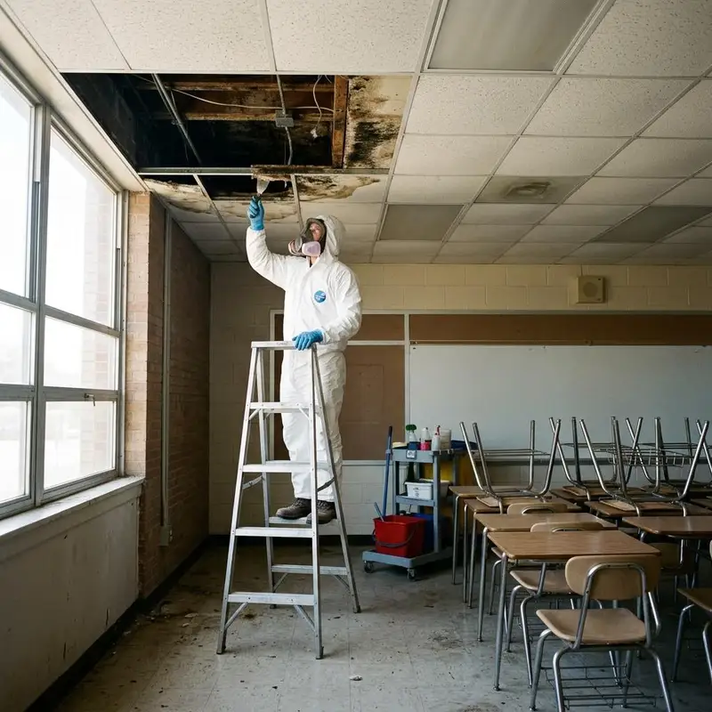 Empty classroom with desks pushed aside and ceiling tiles removed near a window