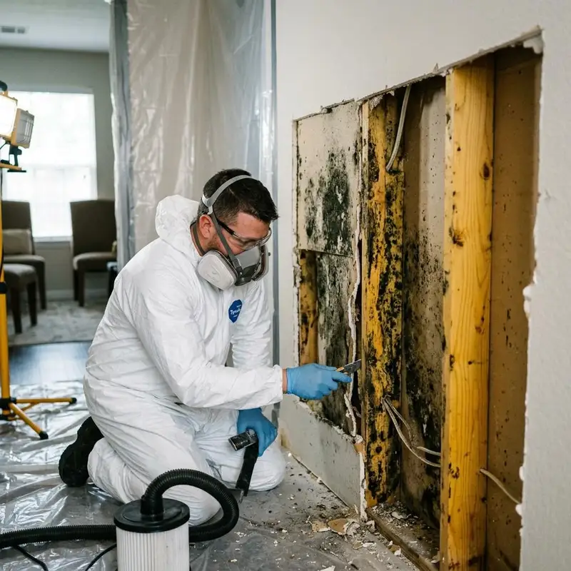 Opened drywall revealing mold on the back of the board and on wood studs inside the wall