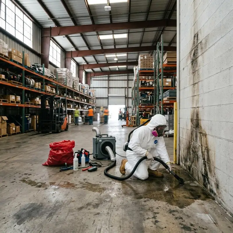 Warehouse interior with tall shelving and a roof leak water stain on the floor and wall